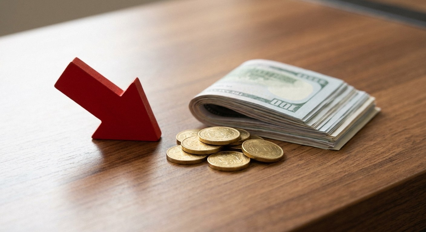 A red downward-pointing arrow stands beside a thick stack of folded hundred-dollar bills and several gold-colored coins