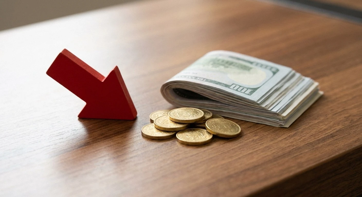 A red downward-pointing arrow stands beside a thick stack of folded hundred-dollar bills and several gold-colored coins