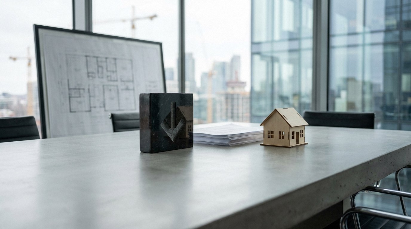 Concrete table in an office with a black block showing a downward arrow, stacked papers, and a wooden house model