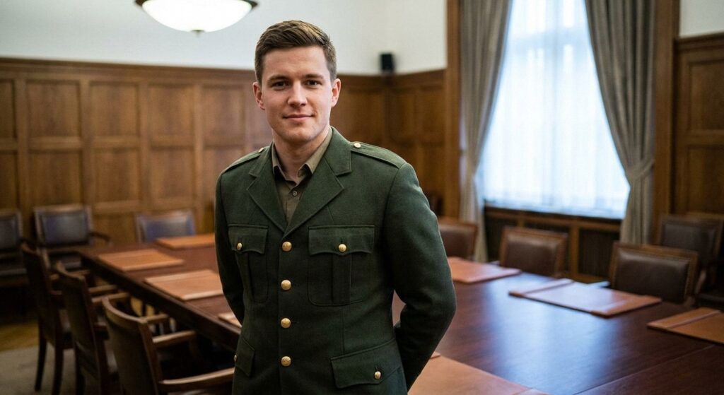 A young Caucasian man in a green military-style jacket stands in a wood-paneled conference room with a long table