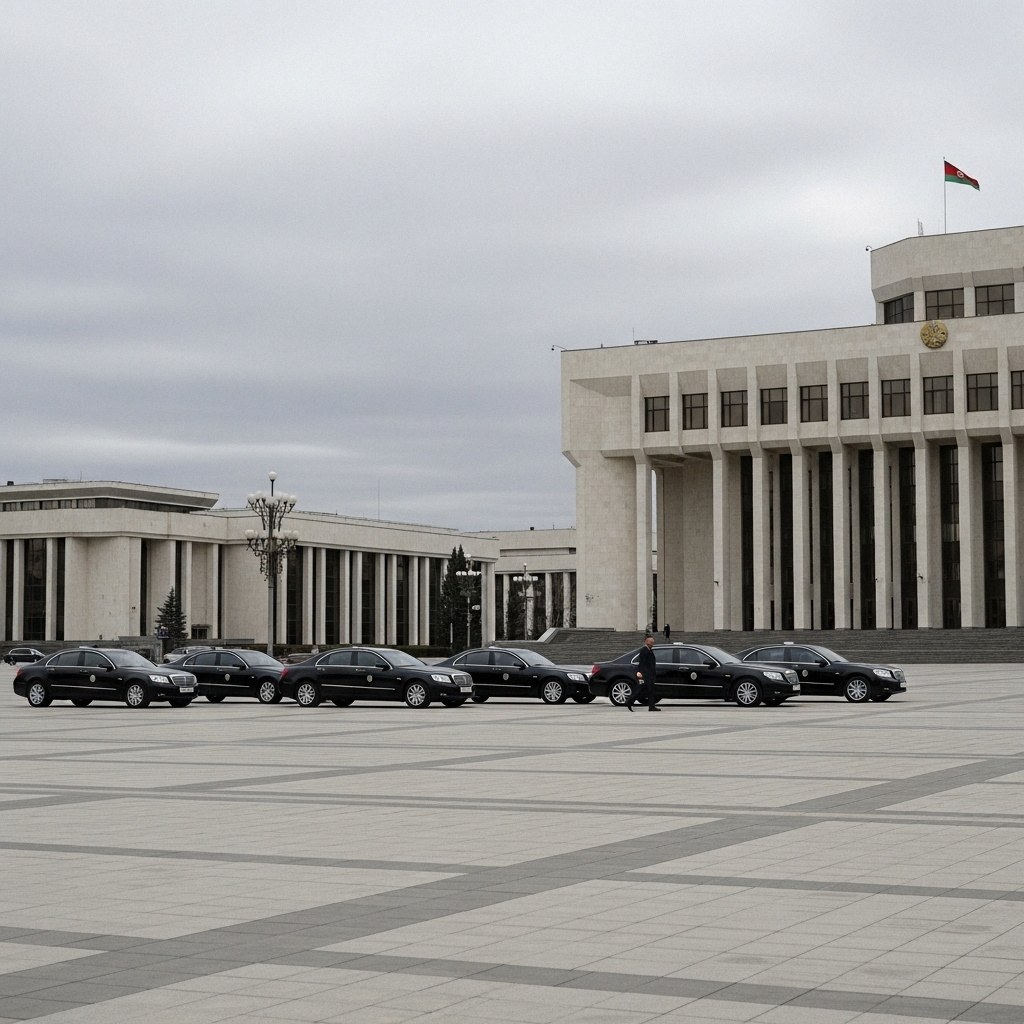 A wide view of a large paved plaza featuring a line of parked black cars in front of imposing, modern administrative