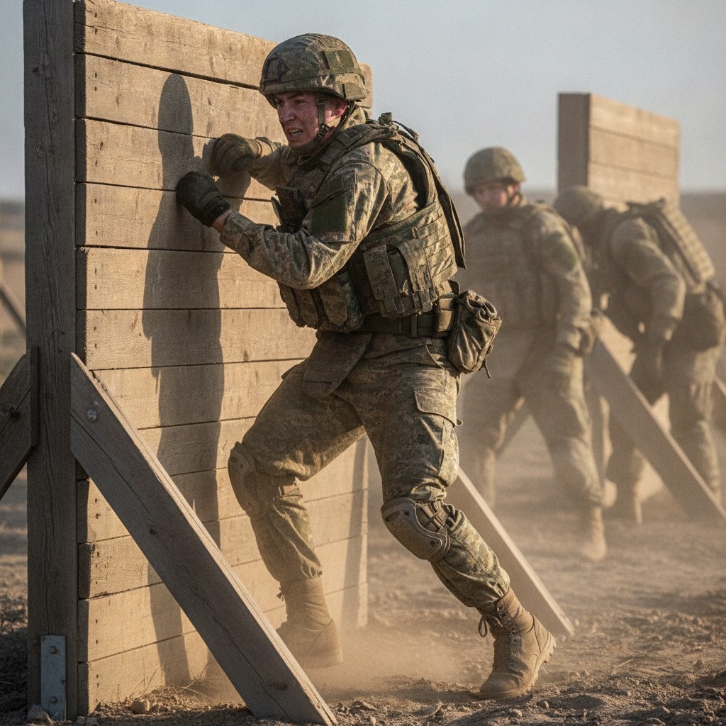 A soldier in camouflage gear and helmet pushes against a wooden barricade on a dusty obstacle course. Other soldiers