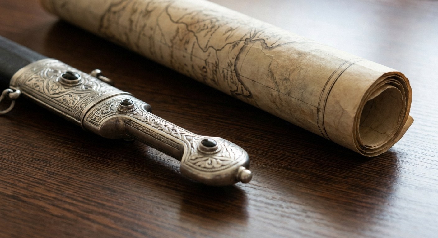 Object detail: A close-up view isolating a traditional ornate Caucasian dagger with intricate silver detailing resting